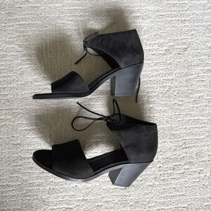 Eileen Fisher Black Leather Nubuck Lace Up Block Heel Sandals Size 8 Minimalist